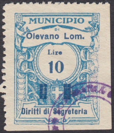 Marca da Bollo del Comune di OLEVANO DI LOMELLINA su Carta Bianca di dimensioni 23,5 x 29 mm