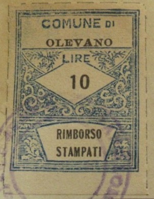 Marca da Bollo del Comune di OLEVANO DI LOMELLINA su Carta Bianca di dimensioni 20 x 27 mm