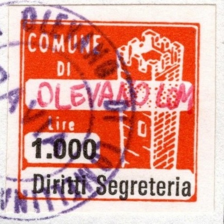 Marca da Bollo del Comune di OLEVANO DI LOMELLINA su Carta Bianca di dimensioni 20 x 20 mm