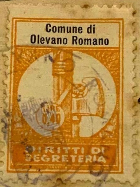 Marca da Bollo del Comune di OLEVANO ROMANO su Carta Bianca di dimensioni 21 x 29 mm