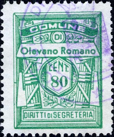 Marca da Bollo del Comune di OLEVANO ROMANO su Carta Bianca di dimensioni 22 x 29 mm