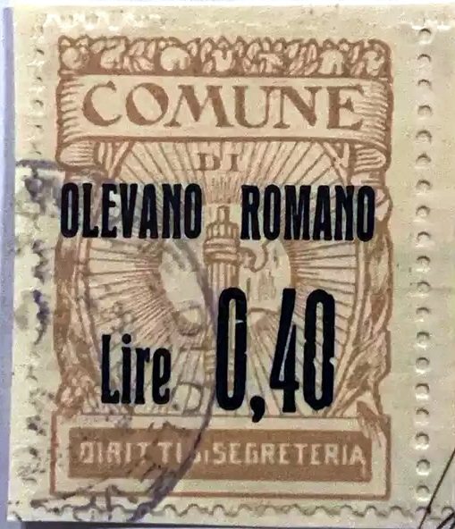 Marca da Bollo del Comune di OLEVANO ROMANO su Carta Bianca di dimensioni 22 x 29 mm