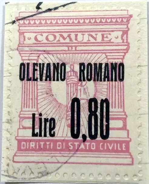 Marca da Bollo del Comune di OLEVANO ROMANO su Carta Bianca di dimensioni 22 x 29 mm