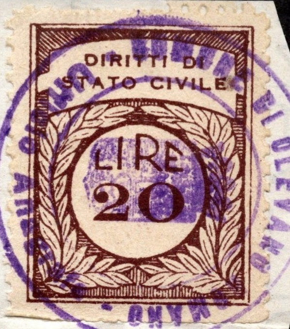 Marca da Bollo del Comune di OLEVANO ROMANO su Carta Bianca di dimensioni 20 x 26 mm
