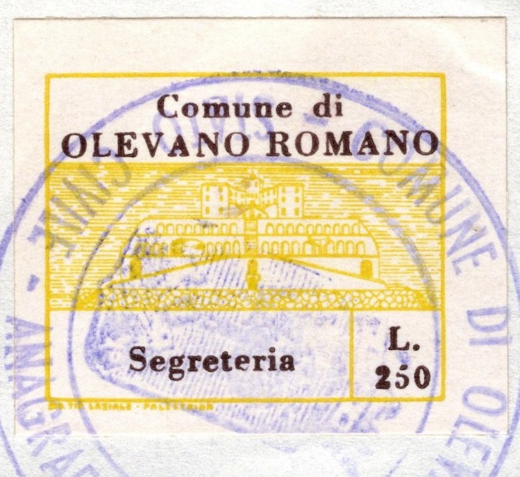 Marca da Bollo del Comune di OLEVANO ROMANO su Carta Bianca di dimensioni 24 x 17 mm