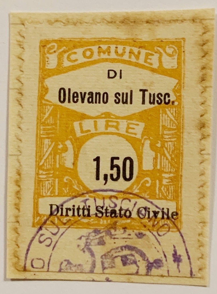 Marca da Bollo del Comune di OLEVANO SUL TUSCIANO su Carta Bianca di dimensioni 22,5 X 33 mm
