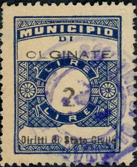 Marca da Bollo del Comune di OLGINATE su Carta Bianca Sottile di dimensioni 22,5 x 29 mm