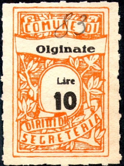 Marca da Bollo del Comune di OLGINATE su Carta Bianca di dimensioni 22,5 x 35 mm
