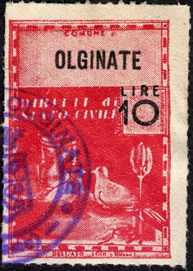 Marca da Bollo del Comune di OLGINATE su Carta Bianca Sottile di dimensioni 21,5 x 32 mm