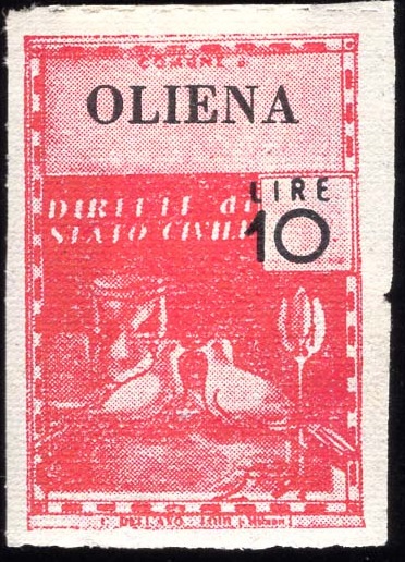 Marca da Bollo del Comune di OLIENA su Carta Bianca di dimensioni 22,5 X 33 mm