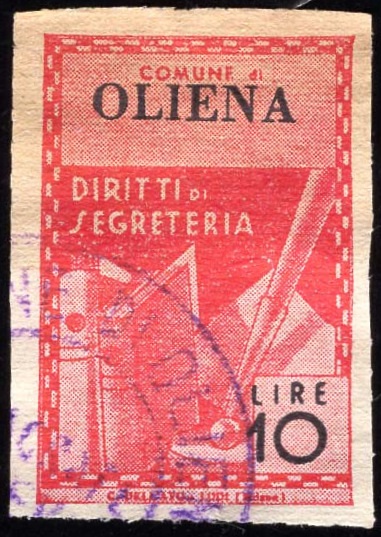 Marca da Bollo del Comune di OLIENA su Carta Bianca di dimensioni 22,5 X 33 mm