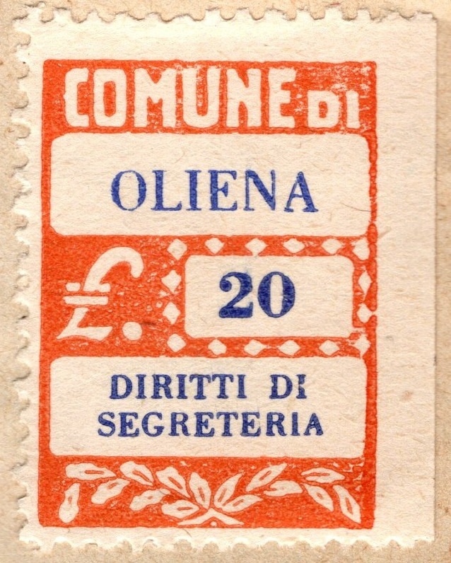 Marca da Bollo del Comune di OLIENA su Carta Bianca di dimensioni 22 x 25,5 mm
