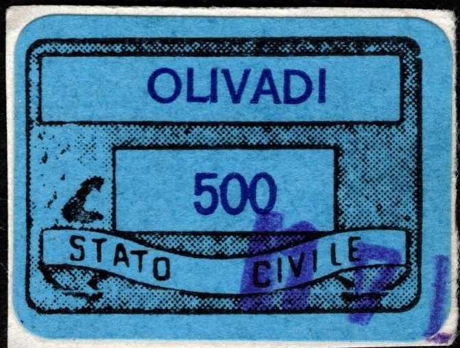 Marca da Bollo del Comune di OLIVADI su Carta Colorata di dimensioni 20 x 14 mm