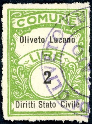 Marca da Bollo del Comune di OLIVETO LUCANO su Carta Bianca di dimensioni 23 x 30,5 mm