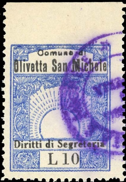 Marca da Bollo del Comune di OLIVETTA SAN MICHELE su Carta Bianca Sottile di dimensioni 23,5 x 29,5 mm