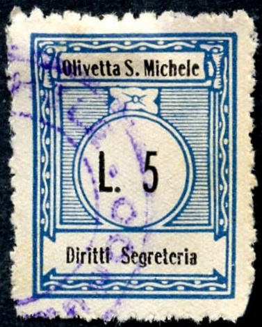 Marca da Bollo del Comune di OLIVETTA SAN MICHELE su Carta Bianca Sottile di dimensioni 22 x 28 mm