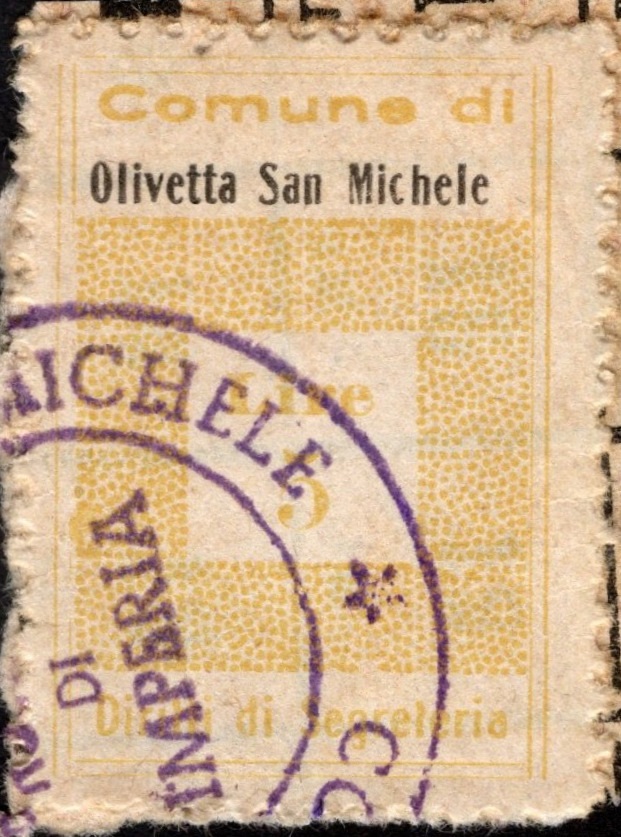 Marca da Bollo del Comune di OLIVETTA SAN MICHELE su Carta Bianca Sottile di dimensioni 23 x 29 mm