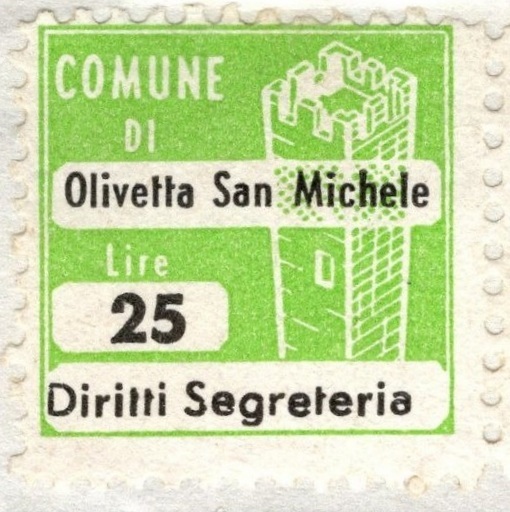 Marca da Bollo del Comune di OLIVETTA SAN MICHELE su Carta Bianca Sottile di dimensioni 20 x 20 mm