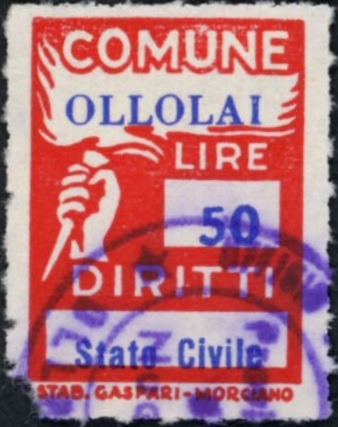 Marca da Bollo del Comune di OLLOLAI su Carta Bianca di dimensioni 18,5 x 26 mm