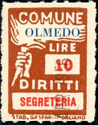 Marca da Bollo del Comune di OLMEDO su Carta Bianca di dimensioni 18 x 24 mm