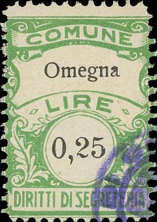 Marca da Bollo del Comune di OMEGNA su Carta Bianca di dimensioni 22,5 x 29 mm