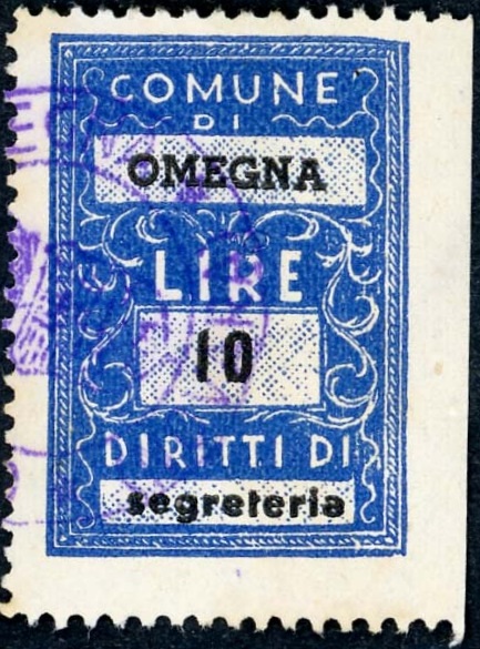 Marca da Bollo del Comune di OMEGNA su Carta Bianca di dimensioni 22 x 32 mm