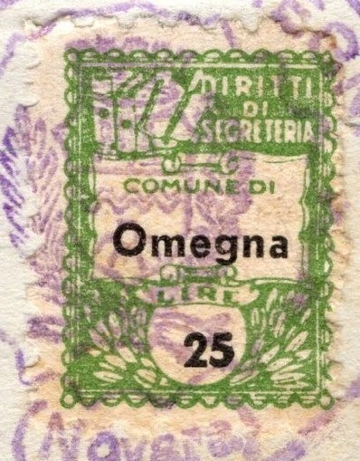 Marca da Bollo del Comune di OMEGNA su Carta Bianca Sottile di dimensioni 22 x 28,5 mm
