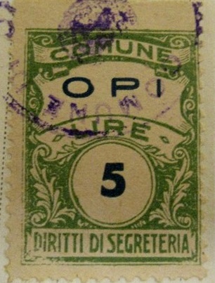 Marca da Bollo del Comune di OPI su Carta Bianca di dimensioni 23 X 30 mm