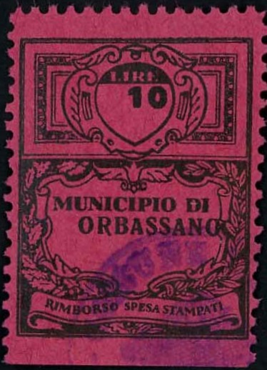 Marca da Bollo del Comune di ORBASSANO su Carta Colorata di dimensioni mm