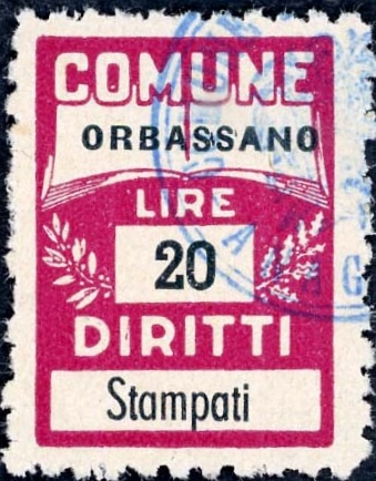 Marca da Bollo del Comune di ORBASSANO su Carta Bianca di dimensioni 18,5 x 25 mm