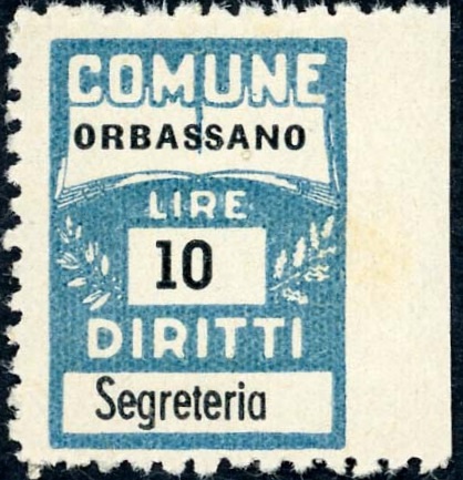 Marca da Bollo del Comune di ORBASSANO su Carta Bianca Sottile di dimensioni 18 x 21 mm