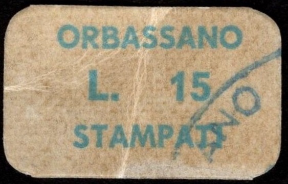 Marca da Bollo del Comune di ORBASSANO su Carta Bianca Sottile di dimensioni 20 x 14 mm