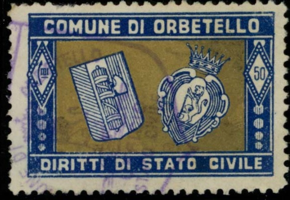 Marca da Bollo del Comune di ORBETELLO su Carta Bianca di dimensioni 34,5 x 23 mm
