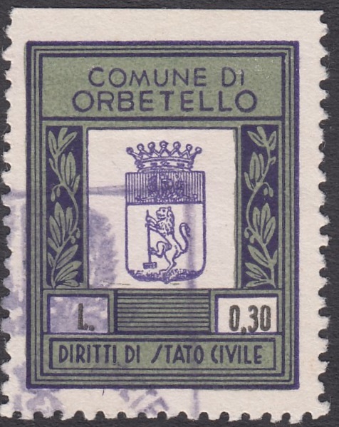 Marca da Bollo del Comune di ORBETELLO su Carta Bianca di dimensioni 23 x 29,5 mm