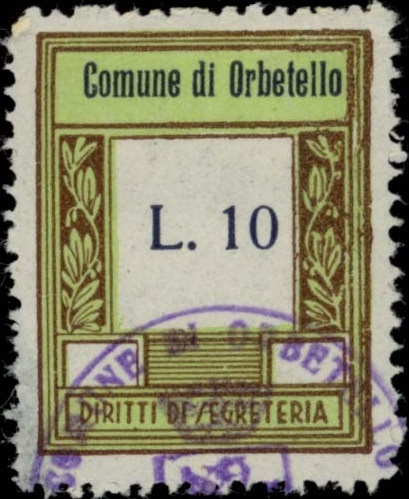 Marca da Bollo del Comune di ORBETELLO su Carta Bianca di dimensioni 23,5 x 29,5 mm