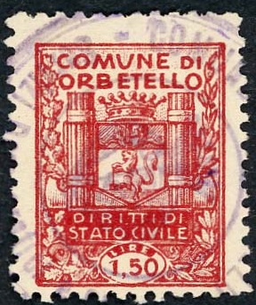 Marca da Bollo del Comune di ORBETELLO su Carta Bianca Sottile di dimensioni 17,5 x 23 mm