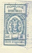 Marca da Bollo del Comune di ORBETELLO su Carta Bianca Sottile di dimensioni 22,5 X 40 mm