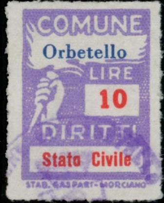 Marca da Bollo del Comune di ORBETELLO su Carta Bianca Sottile di dimensioni 18,5 x 26 mm