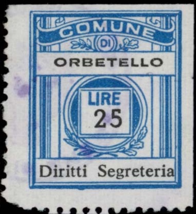 Marca da Bollo del Comune di ORBETELLO su Carta Bianca Sottile di dimensioni 21 x 24,5 mm