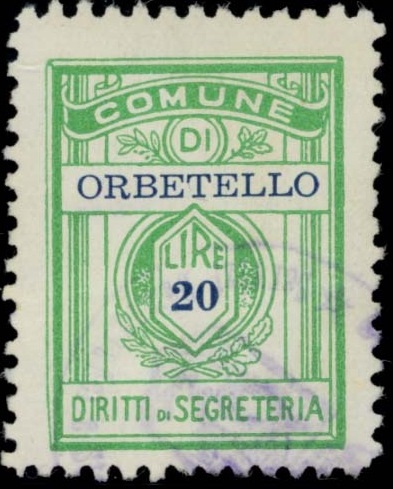 Marca da Bollo del Comune di ORBETELLO su Carta Bianca Sottile di dimensioni 21 x 28 mm