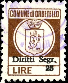 Marca da Bollo del Comune di ORBETELLO su Carta Bianca di dimensioni 15,5 x 19,5 mm