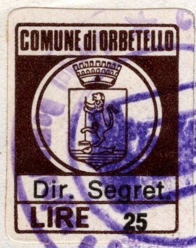 Marca da Bollo del Comune di ORBETELLO su Carta Bianca di dimensioni 15 x 19 mm