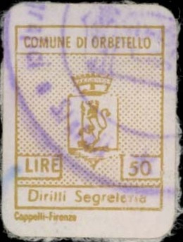 Marca da Bollo del Comune di ORBETELLO su Carta Bianca di dimensioni 15,5 x 19 mm