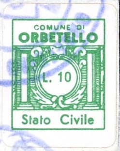 Marca da Bollo del Comune di ORBETELLO su Carta Bianca di dimensioni 16 x 18,5 mm
