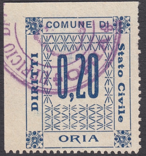 Marca da Bollo del Comune di ORIA su Carta Bianca Sottile di dimensioni 27 x 33,5 mm