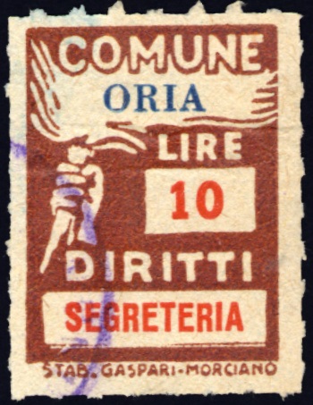 Marca da Bollo del Comune di ORIA su Carta Bianca Sottile di dimensioni 18,5 x 26 mm