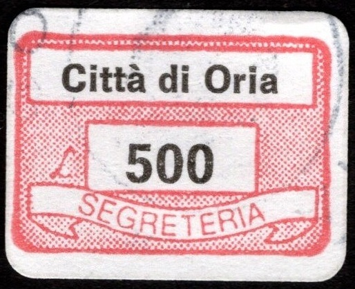 Marca da Bollo del Comune di ORIA su Carta Bianca Sottile di dimensioni 20 x 15 mm