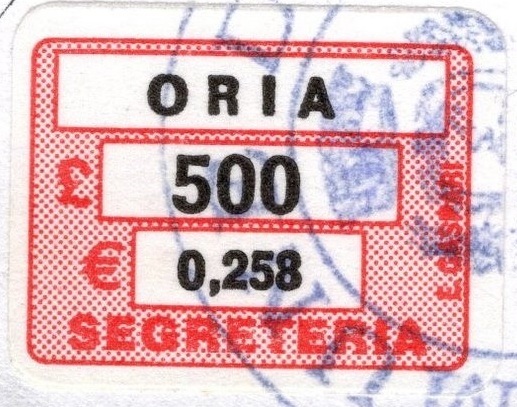 Marca da Bollo del Comune di ORIA su Carta Bianca Sottile di dimensioni 20 x 16 mm