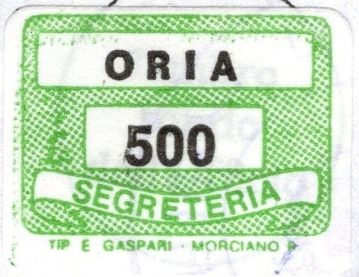 Marca da Bollo del Comune di ORIA su Carta Bianca Sottile di dimensioni 20 x 16 mm