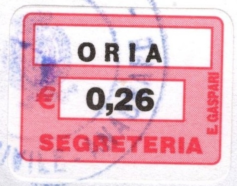 Marca da Bollo del Comune di ORIA su Carta Bianca Sottile di dimensioni 20 x 16 mm